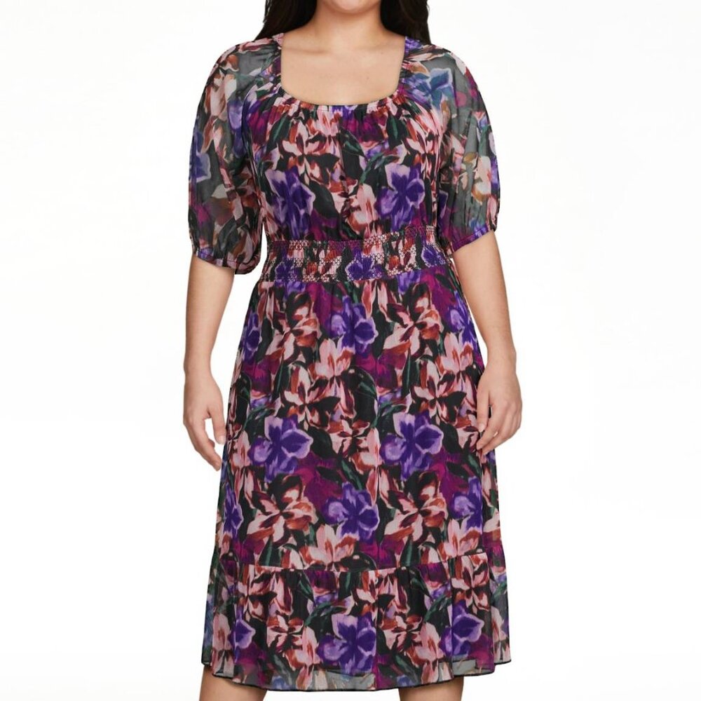 Terra & Sky Plus Size 3X 24W-26W Smocked Floral Midi Dress Violet Boho NWT